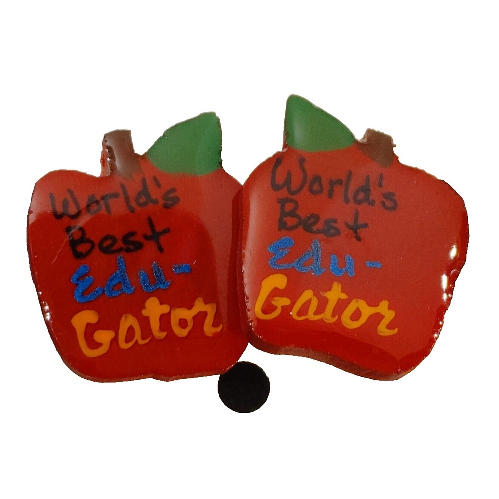 Worlds Best Red Apple Teacher Education Gator Earrings Pierced School Jewelry - Picture 1 of 4
